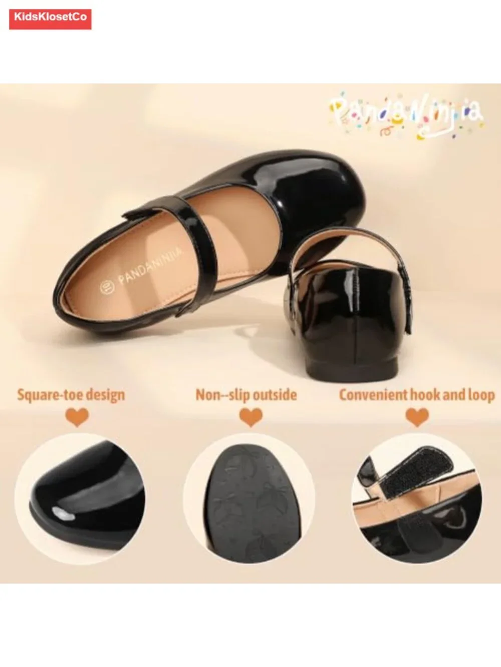 Girls Mary Jane Ballet Flats Square Toe Hook & Loop Non-Slip Dress Shoes
